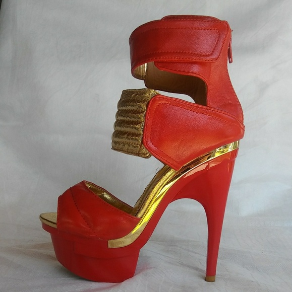 Women's Red/Gold High Platform Heel Shoes - Picture 4 of 7